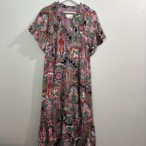 Anthropologie Antoinette Pink Paisley Boho Floral Maxi Shirt Dress Relaxed Boho